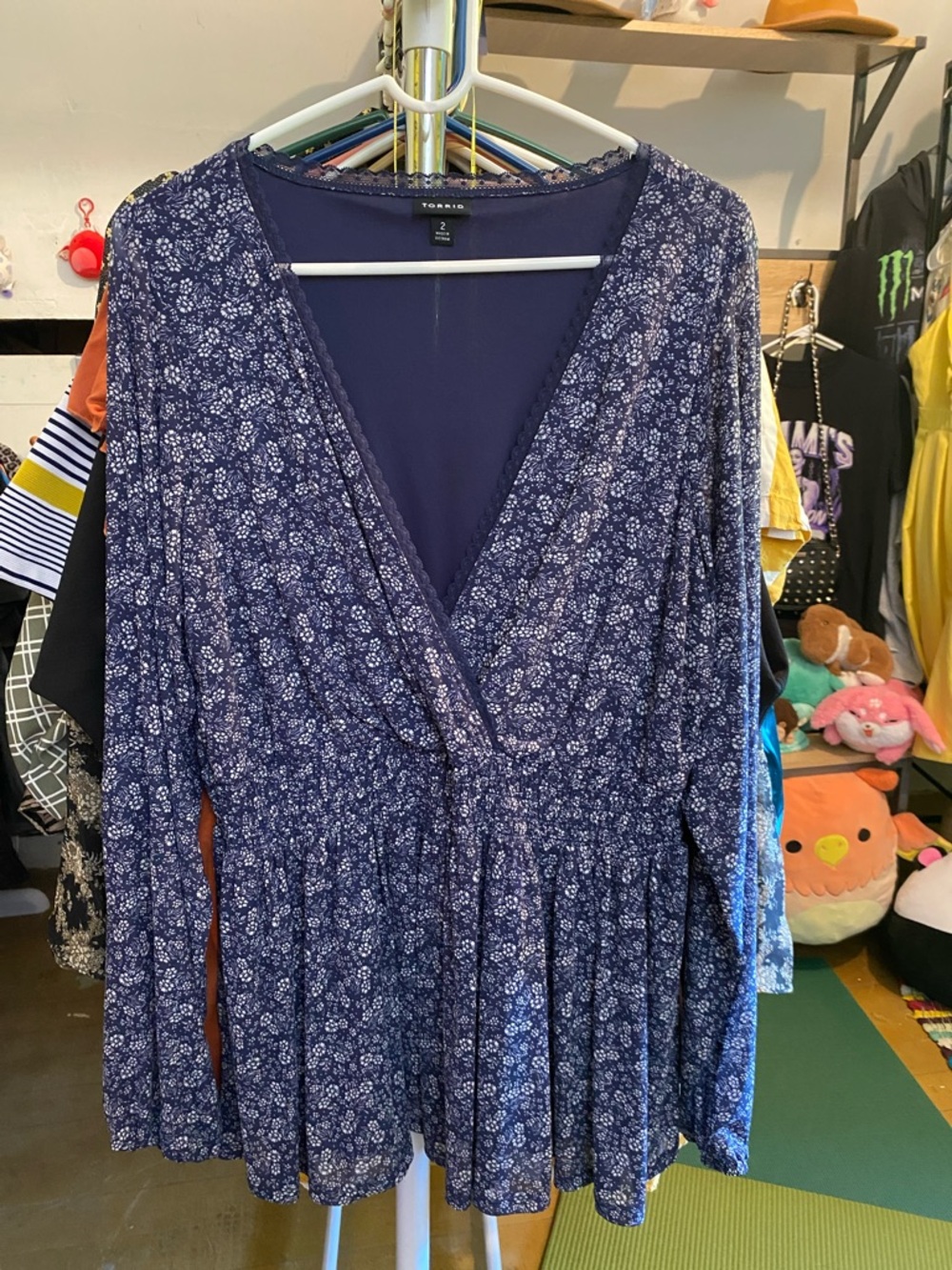torrid navy ditsy floral wrap peplum long sleeve dress - Picture 1 of 2